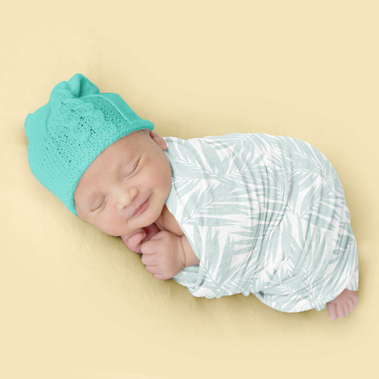 Coconut Palm Leaves Light Teal Swaddle Blanket