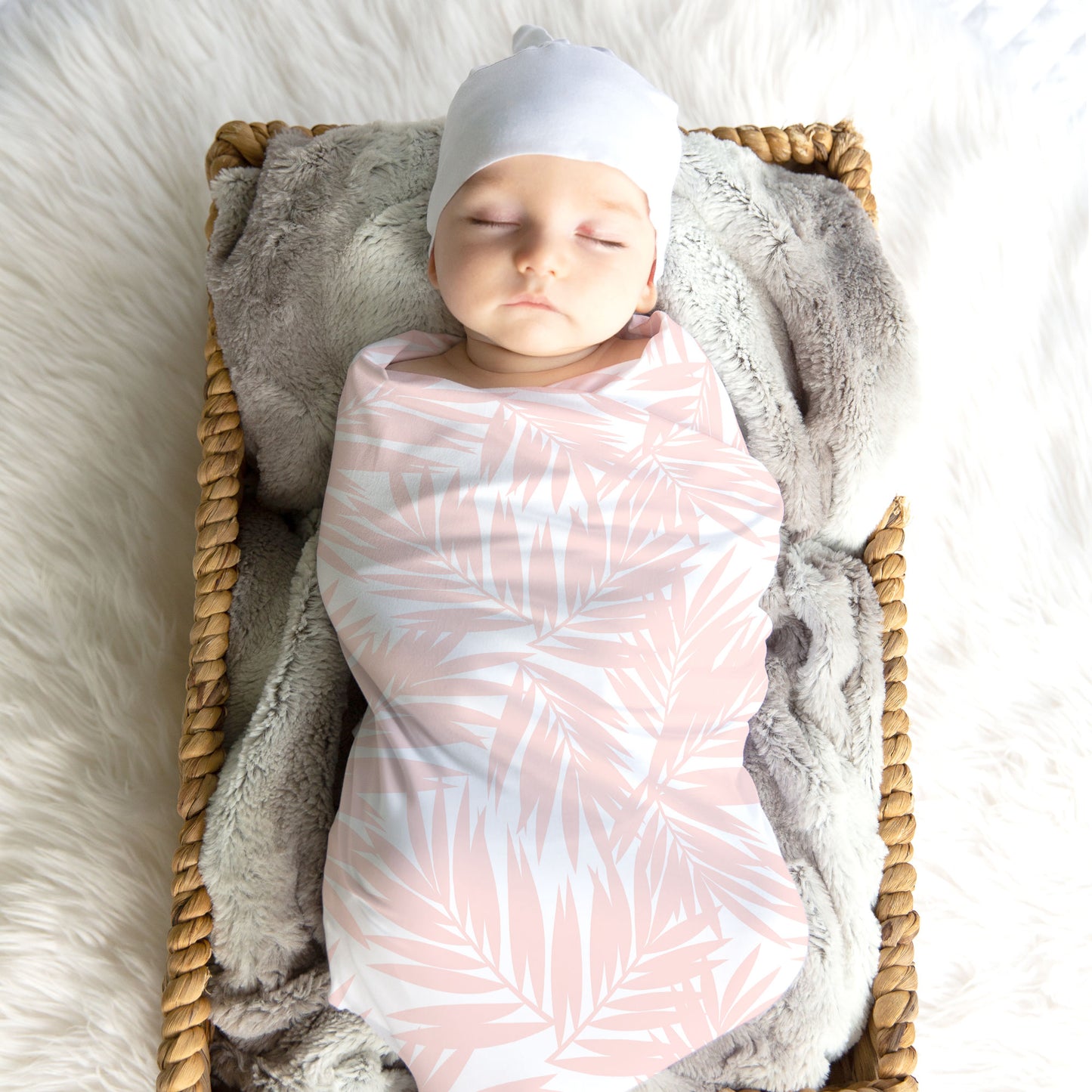 Coconut Palm Leaves Light Coral Swaddle Blanket