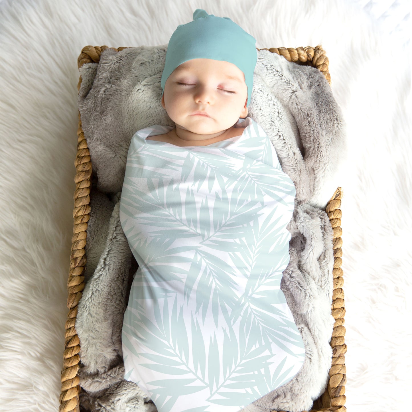 Coconut Palm Leaves Light Teal Swaddle Blanket