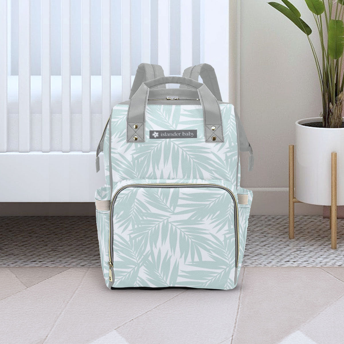 Palm Leaves Light Teal Multi-Function Baby Diaper Backpack Bag